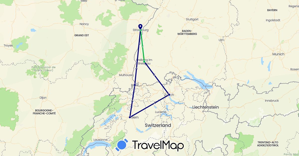TravelMap itinerary: driving, bus in Switzerland, Germany, France (Europe)